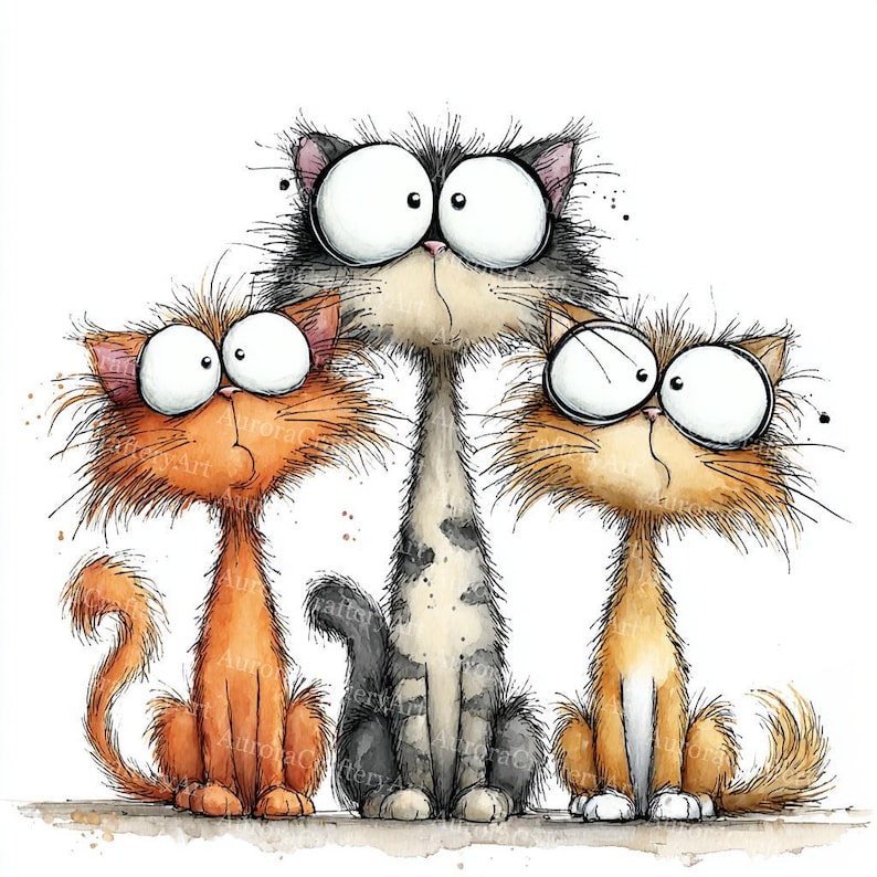 13 udda katter clipart, nyckfull kattunge clipart, högkvalitativ JPG, akvarell clipart, skräpjournal, digital nedladdning, papperspyssel clipart bild 2