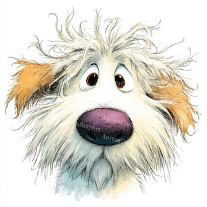 May include: A watercolour illustration of a dog's face with a fluffy, cream-coloured coat and a purple nose. The dog has large, expressive brown eyes and tan ears. The artwork has a whimsical, cartoonish style.
