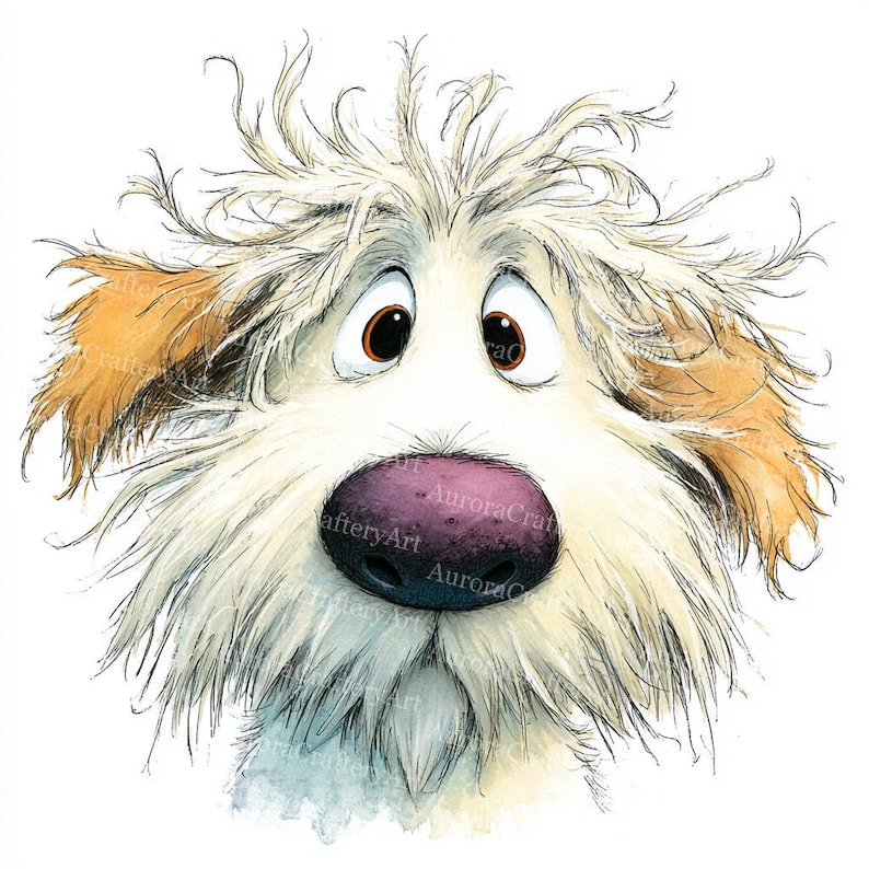 May include: A watercolour illustration of a dog's face with a fluffy, cream-coloured coat and a purple nose. The dog has large, expressive brown eyes and tan ears. The artwork has a whimsical, cartoonish style.