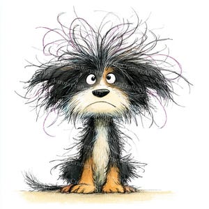 May include: A cartoon illustration of a dog with a distressed expression. The dog has black and white fur, with brown and tan markings on its legs. The dog's fur is unkempt, and it has a sad face. The artwork is signed "AuroraCraftyArt".