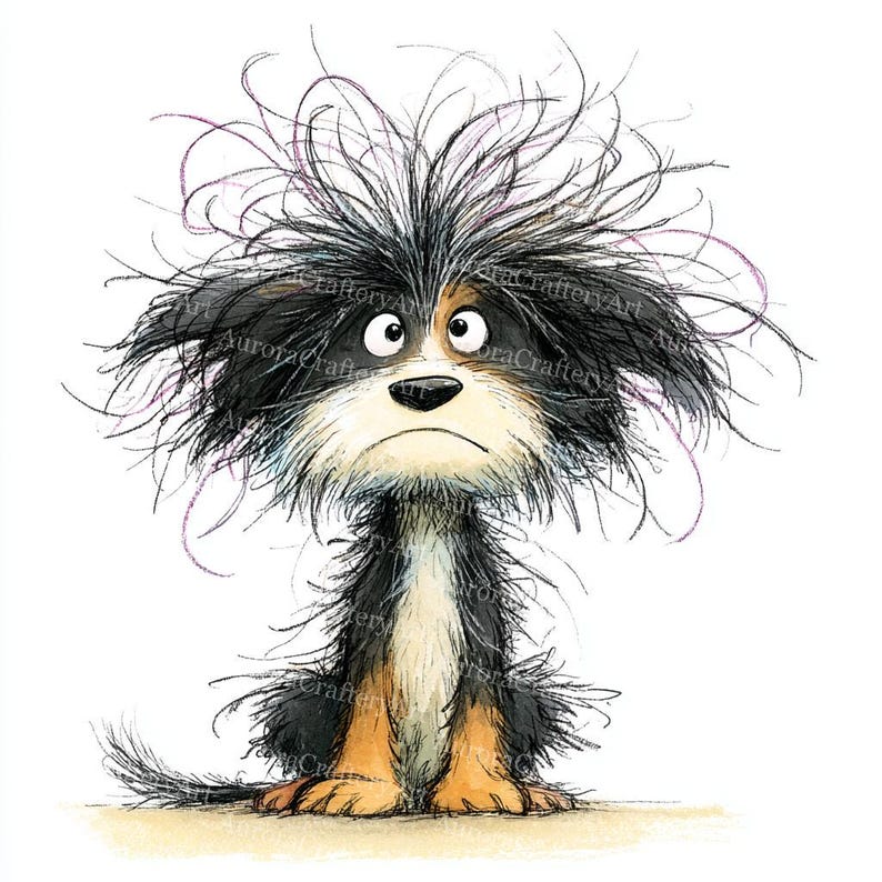 May include: A cartoon illustration of a dog with a distressed expression. The dog has black and white fur, with brown and tan markings on its legs. The dog's fur is unkempt, and it has a sad face. The artwork is signed "AuroraCraftyArt".