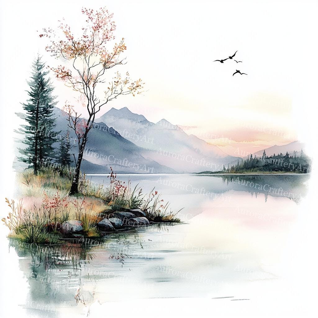 24 Lake Landscape Clipart, Watercolor River View, Forest Landscape