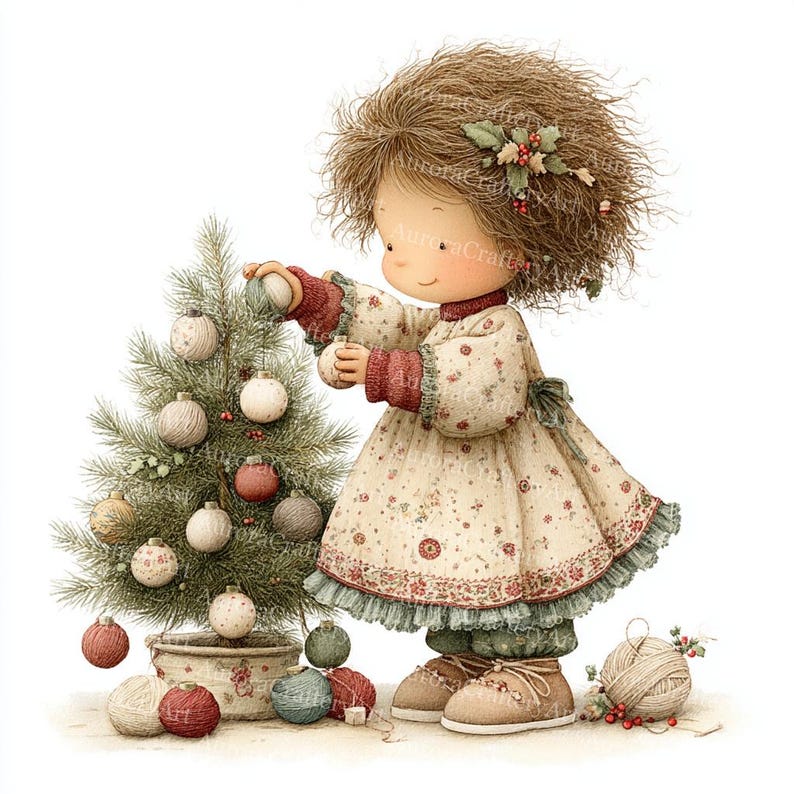 May include: A watercolor illustration of a young child decorating a Christmas tree. The child wears a floral dress and brown boots, and is placing ornaments on the tree. A small bowl of ornaments and a ball of yarn are at the base of the tree. The image has a vintage, whimsical feel.