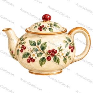 May include: A cream-colored ceramic teapot featuring a hand-painted botanical pattern of dark red berries, green leaves, and small white flowers. The teapot has a matching lid with a red knob, a curved handle, and a spout with a brown rim.