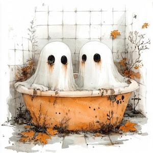 May include: Watercolor illustration of two white ghosts in a rusty orange bathtub. The ghosts have large black eyes and are surrounded by autumn leaves and foliage. The background features a tiled wall.