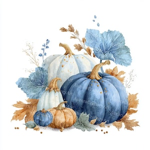 Puede incluir: Ilustración en acuarela de varias calabazas en tonos azules, blancos y naranjas. Las calabazas están rodeadas de hojas azules y follaje marrón, creando un arreglo con temática otoñal. Acentos dorados salpican las calabazas.