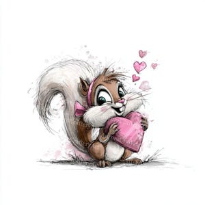 Könnte beinhalten: Aquarellillustration eines Cartoon-Eichhörnchens, das ein rosa Herz hält. Das Eichhörnchen hat braunes Fell, einen weißen Schwanz und ein rosa Stirnband. Rosa Herzen schweben über dem Eichhörnchen vor weißem Hintergrund.