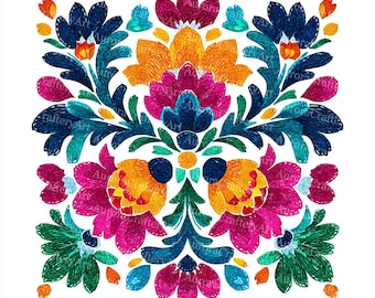 24 Mexican Fiesta Flowers Clipart, Vibrant Watercolor Otomi Floral Graphics, Cinco de Mayo Party Art, Unique Mexican Floral, Commercial Use