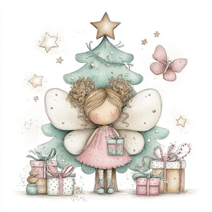 May include: A whimsical illustration of a fairy girl in a pink dress, holding a gift, with a Christmas tree and presents. The fairy has large wings and curly hair. A butterfly and stars are also present, creating a festive holiday scene.