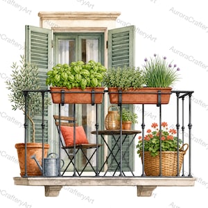 Könnte beinhalten: Eine Balkonszene mit einem Fenster mit salbeigrünen Fensterläden, einem schwarzen Metallgeländer und Terrakotta-Pflanzgefäßen mit grünen Kräutern und orangefarbenen Blumen. Ein kleiner Holzstuhl mit orangefarbenem Kissen, ein Tisch und eine Gießkanne.