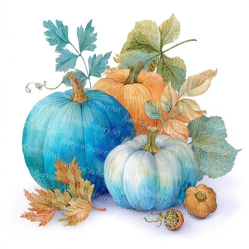 20 Watercolor Blue Fall Clipart, Floral Blue Pumpkin, Thanksgiving ...