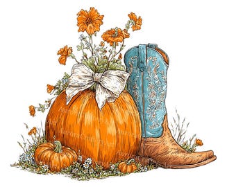 11 Fall Cowgirl Boots Clipart, Western Autumn Floral Design, Western Fall, Floral Pumpkin, Coquette Fall, Watercolor Printable, Junk Journal