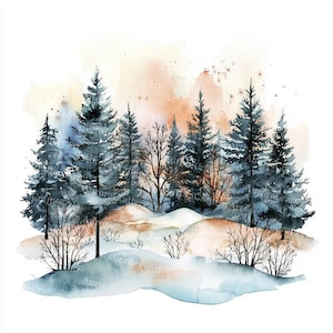 15 Christmas Trees Clipart, Christmas Landscape, Printable Watercolor, High Quality JPGs, Paper Craft, Junk Journal, Digital Download