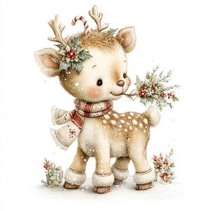 May include: A watercolor illustration of a cute fawn with a festive Christmas theme. The fawn has a red and white scarf, a candy cane on its antlers, and is holding a sprig of berries. The fawn is wearing fluffy leg warmers and has white spots.