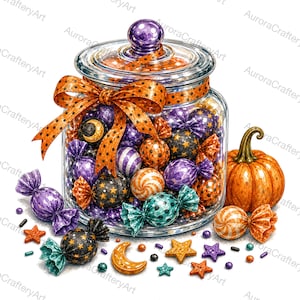 May include: A clear glass jar filled with assorted candies in purple, orange, and teal wrappers, tied with an orange polka-dot ribbon. Beside the jar sits a small orange pumpkin and loose candy pieces shaped like stars and crescent moons.