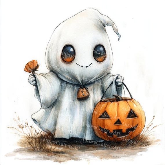 13 Cute Spooky Ghost With Pumpkin Clipart, Halloween, Treat or Trick,  Printable Watercolor, High-quality Jpgs, Papercraft, Junk Journal - Etsy