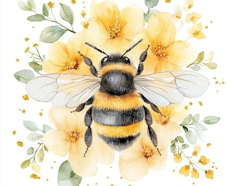 33 Floral Honey Bee Clipart: Watercolor Bridal Shower Graphics (Digital Download, JPGs 4096x4096px)