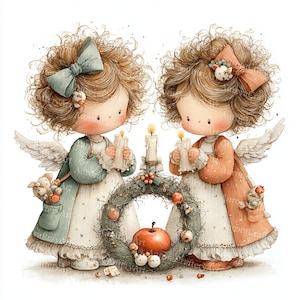May include: A watercolour illustration depicts two angel figures with curly brown hair, holding lit candles. They wear pastel dresses and have small wings. A festive wreath with an apple and berries sits between them, creating a charming holiday scene.