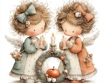 10 Whimsical Christmas Angels Clipart, Cute Holiday Graphics, Christmas Card,Printable Watercolor, JPGs, Paper Craft, Junk Journal