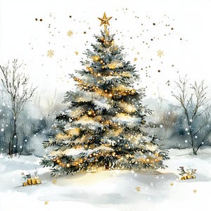 May include: Watercolor painting of a Christmas tree with a gold star on top, adorned with warm lights. The tree is set in a snowy landscape with gold accents and a few gifts at the base. The artwork has a soft, wintery feel.
