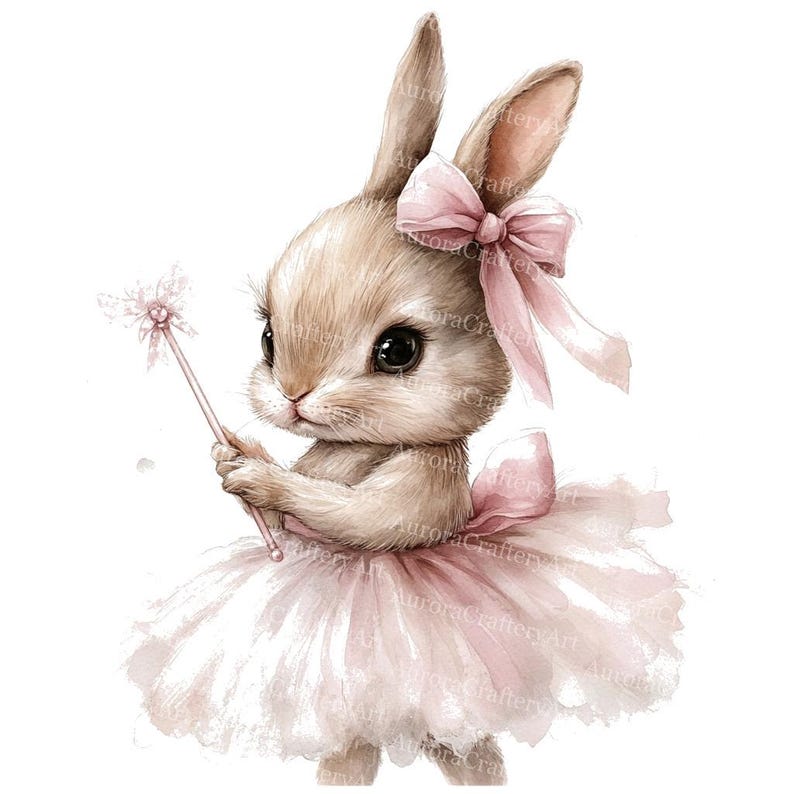 May include: A watercolor illustration of a bunny wearing a pink tutu and bow. The bunny holds a pink wand and has large, dark eyes. The image has a soft, whimsical feel, perfect for children's decor or Easter-themed crafts.