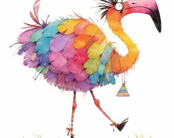 17 Quirky Flamingo Clipart, Fantasy, Whimsical Funny Animal, Watercolor JPG, Junk Journal, Scrapbook, Card Making, Digital Download