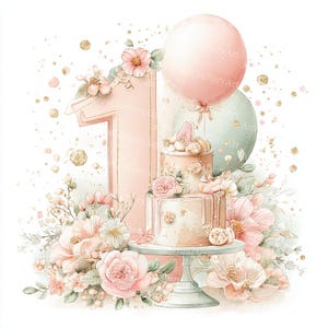 May include: Watercolor illustration of a first birthday theme. Features a pink number one, a two-tiered cake on a stand, pink and green balloons, and floral arrangements in shades of pink and white. Gold confetti accents the design.