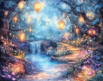 May include: A digital painting of a whimsical forest scene. A waterfall flows into a stream, with a stone path winding through colorful flowers. Lanterns hang from the trees, illuminating the path. The artwork is signed "Aurora Craftery Art".