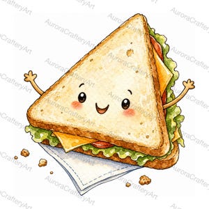 Puede incluir: Una ilustración en acuarela de un personaje de sándwich triangular sonriente con los brazos levantados. El sándwich presenta pan tostado, lechuga verde, queso amarillo y rodajas de tomate rojo, sobre una servilleta blanca con migas de pan.