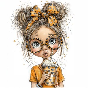 May include: Illustration of a girl with messy buns, wearing large round glasses and a bow, all with a leopard print design. She is holding a drink in a polka-dot cup with a straw. She is wearing an orange t-shirt.