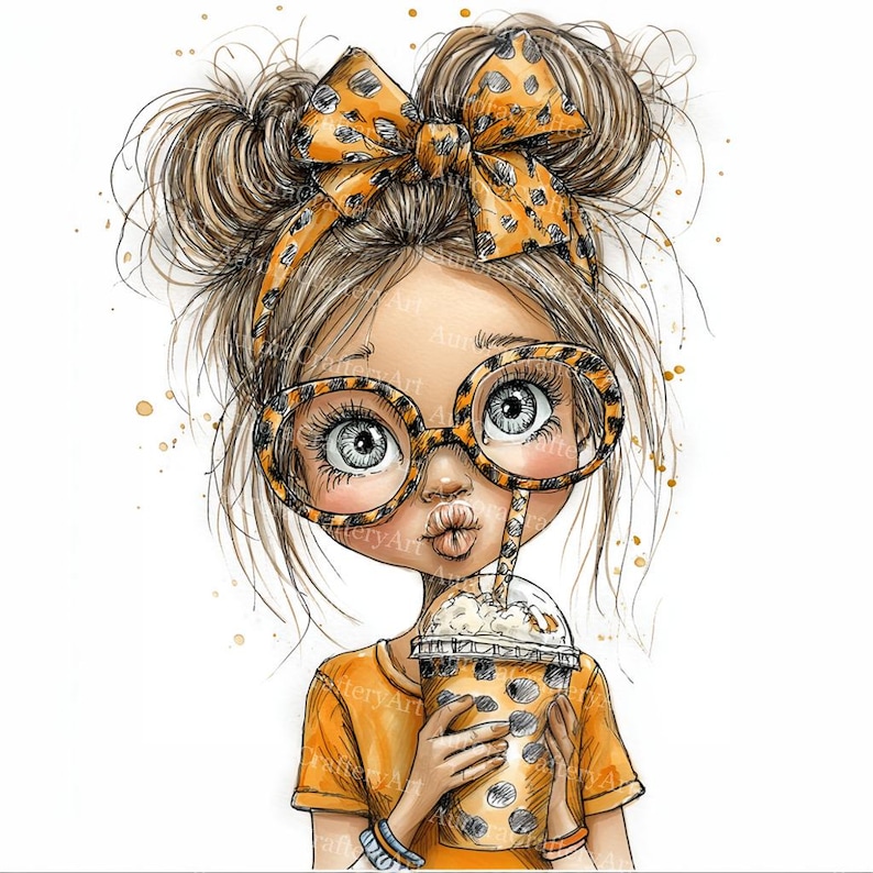 May include: Illustration of a girl with messy buns, wearing large round glasses and a bow, all with a leopard print design. She is holding a drink in a polka-dot cup with a straw. She is wearing an orange t-shirt.