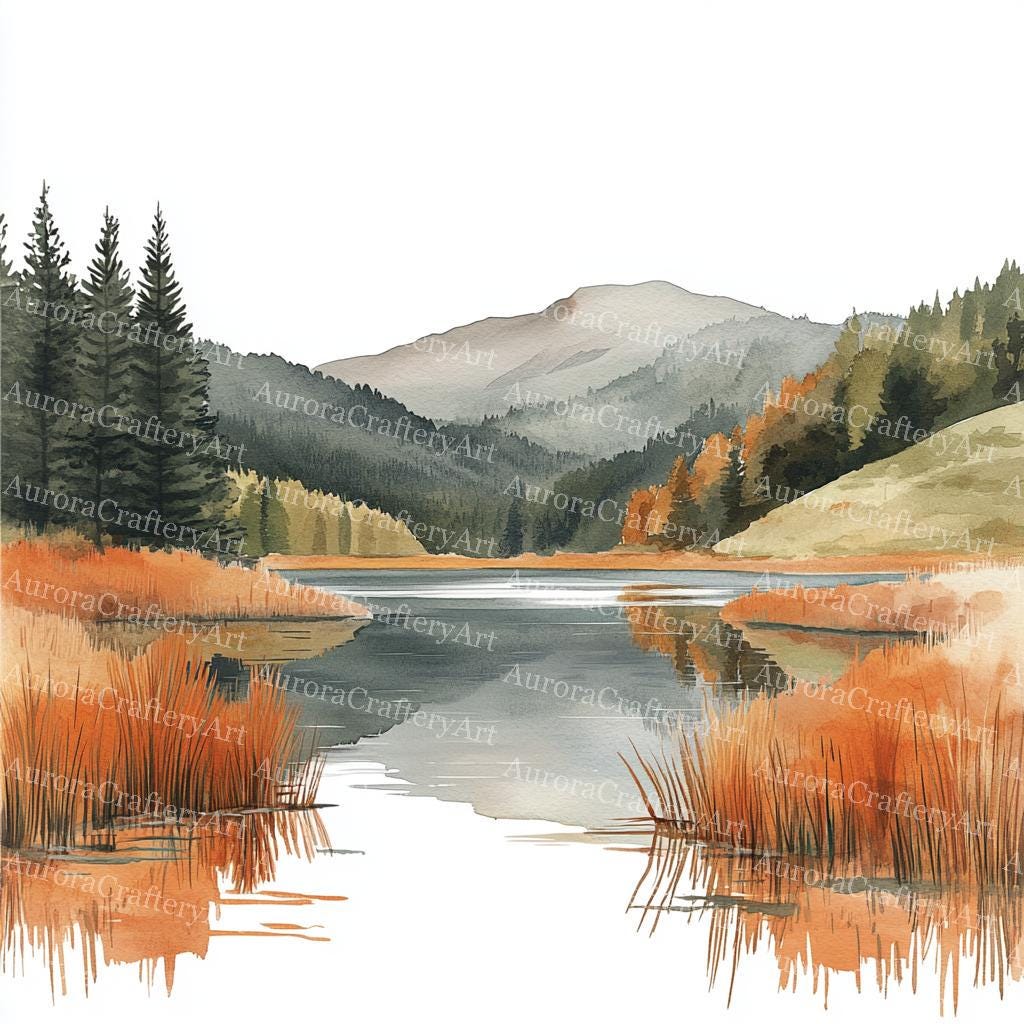 24 Lake Landscape Clipart, Watercolor River View, Forest Landscape