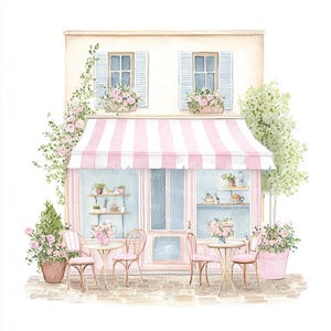 Könnte beinhalten: Aquarellillustration eines charmanten Cafés mit einer rosa-weiß gestreiften Markise. Das Gebäude hat blaue Fensterläden, Blumenkästen mit rosa Rosen und Sitzgelegenheiten im Freien mit Tischen und Stühlen. Eine einladende Szene.