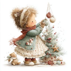 May include: Watercolor illustration of a young child decorating a Christmas tree. The child wears a blue coat, red scarf, and mittens. A teddy bear sits nearby. The tree is adorned with ornaments and a star.
