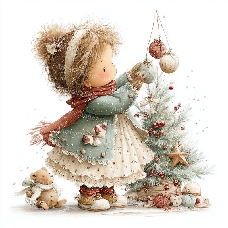 May include: Watercolor illustration of a young child decorating a Christmas tree. The child wears a blue coat, red scarf, and mittens. A teddy bear sits nearby. The tree is adorned with ornaments and a star.