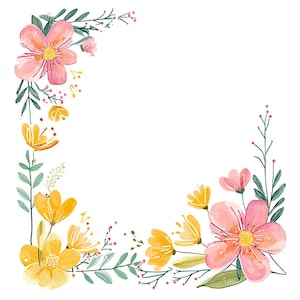 May include: Watercolor floral corner design featuring pink and yellow flowers, green leaves, and small red berries. The flowers have detailed petals and yellow centers. The design is on a white background.