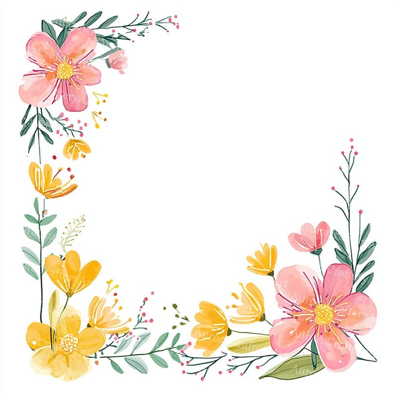 May include: Watercolor floral corner design featuring pink and yellow flowers, green leaves, and small red berries. The flowers have detailed petals and yellow centers. The design is on a white background.