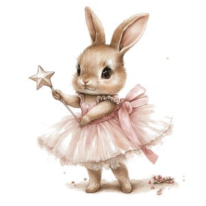 May include: A watercolor illustration of a charming bunny dressed in a pink tutu and holding a star-shaped wand. The bunny has brown fur, large eyes, and a delicate pink bow. The image has a whimsical, fairytale aesthetic.