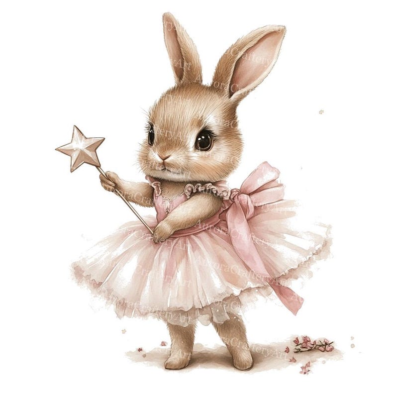 May include: A watercolor illustration of a charming bunny dressed in a pink tutu and holding a star-shaped wand. The bunny has brown fur, large eyes, and a delicate pink bow. The image has a whimsical, fairytale aesthetic.