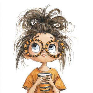 May include: Watercolor illustration of a young person with messy brown hair and large, round glasses with a tiger stripe pattern. The person is wearing an orange shirt and holding a striped cup, looking upwards.