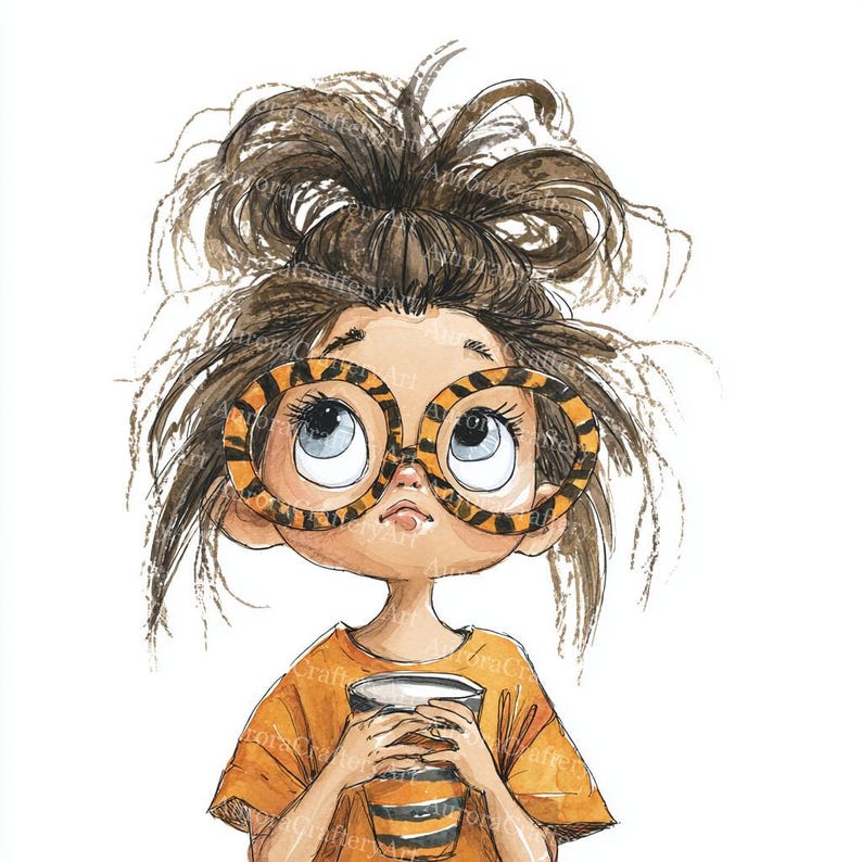 May include: Watercolor illustration of a young person with messy brown hair and large, round glasses with a tiger stripe pattern. The person is wearing an orange shirt and holding a striped cup, looking upwards.