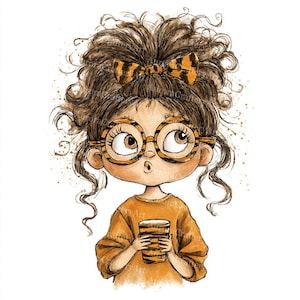 May include: Watercolor illustration of a girl with brown curly hair, wearing orange glasses and a matching bow. She holds a striped cup. The girl is wearing an orange long-sleeved shirt. The image has a whimsical, cartoonish style.