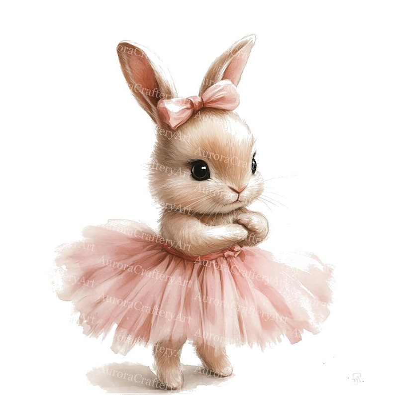 May include: A watercolor illustration of a cute bunny wearing a pink tutu and bow. The bunny has big black eyes and is standing on its hind legs with its paws clasped. The image has a soft, whimsical feel.