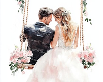 19 Bride and Groom on Swing Clipart, Wedding Clipart, Romantic Wedding Day, Printable Watercolor, High-Quality JPG, Paper Craft, JunkJournal