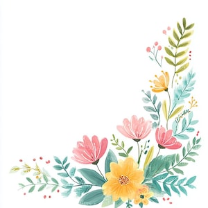 May include: Watercolor floral corner design featuring pink, yellow, and orange flowers with green and blue leaves. The arrangement includes small red berries and is set against a white background. Ideal for invitations and stationery.