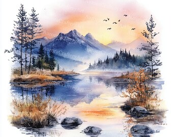 24 Lake Landscape Clipart, Watercolor River View, Forest Landscape, Printable Watercolor, High-Quality JPGs, Paper Craft, Junk Journal