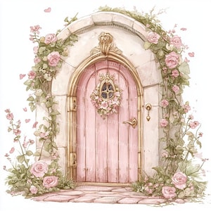Op de afbeelding: Waterverfillustratie van een roze deur met een gouden lijst, versierd met een bloemenkrans en klimrozen. De deur staat in een stenen boog, met een geplaveid pad dat ernaartoe leidt. Zachte roze harten zweven in de lucht.