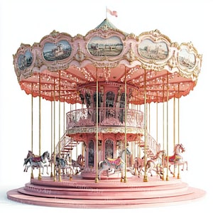 Puede incluir: Un carrusel rosa con detalles dorados y obras de arte decorativas. El carrusel presenta varios caballos de varios colores, un techo decorativo y una pequeña bandera en la parte superior. El diseño es ornamentado y caprichoso, con una estética vintage.