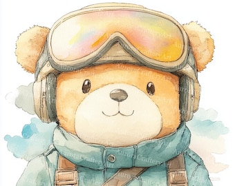 14 Pilot Teddy Bear, Aviator Bear, Baby Boy And Girl Scrapbooking, Printable Watercolor Clipart, High Quality JPG, Paper craft, Junk Journal