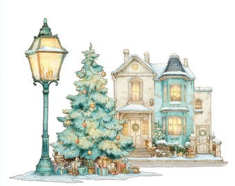 May include: Watercolor illustration of a festive Christmas scene. A decorated Christmas tree stands next to a vintage street lamp and a two-story house. Presents are piled at the base of the tree, creating a cozy holiday atmosphere.